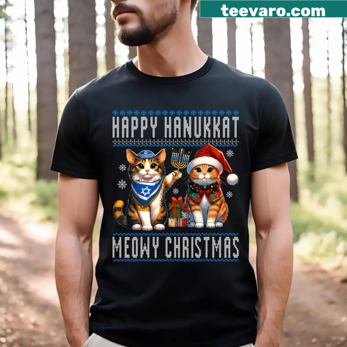 T-shirt with cat design celebrating Christmas and Hanukkah — on a men's t-shirt
