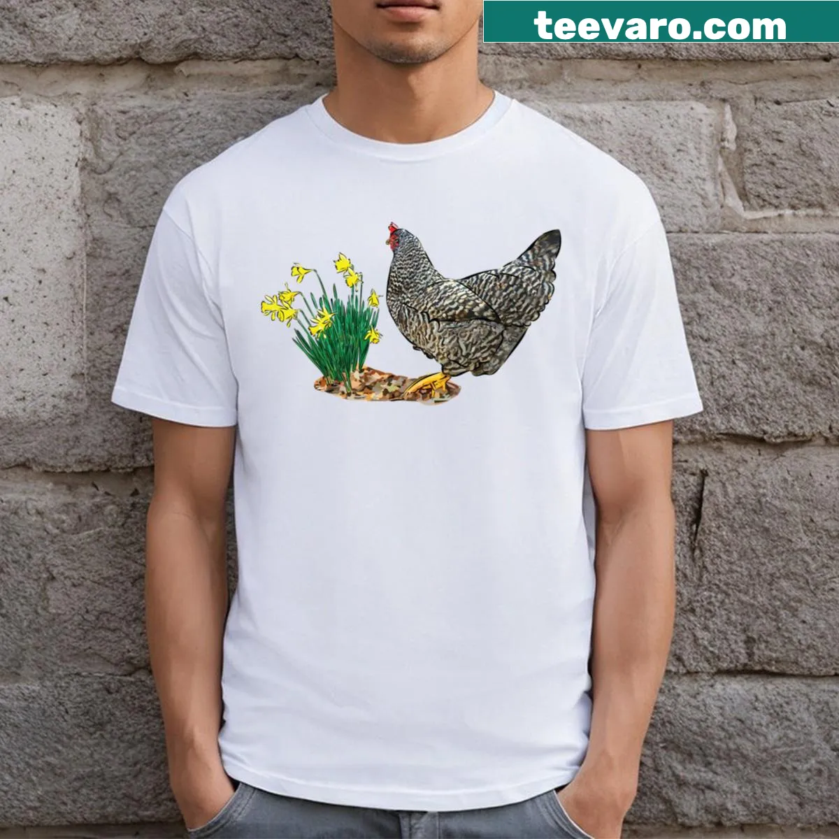 Illustration of chickens and daffodils on T-shirt — on a men's t-shirt