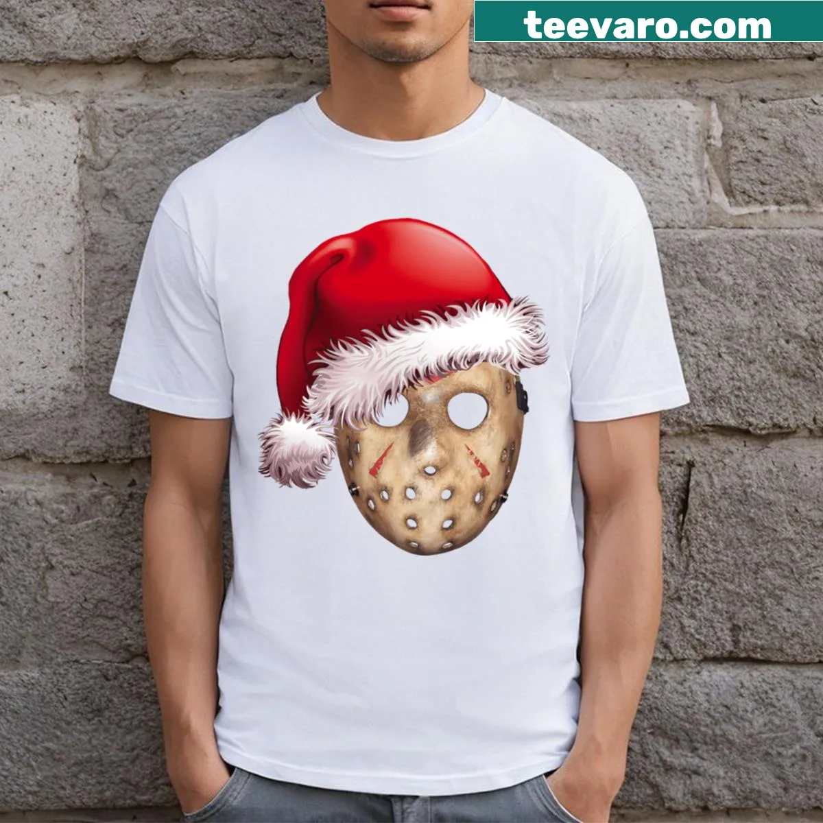 Funny Christmas Jason t-shirt with playful holiday design — on a men's t-shirt