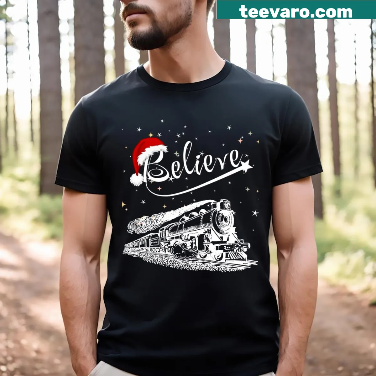 Charming North Pole Polar Express Christmas t-shirt with whimsical design — on a men's t-shirt