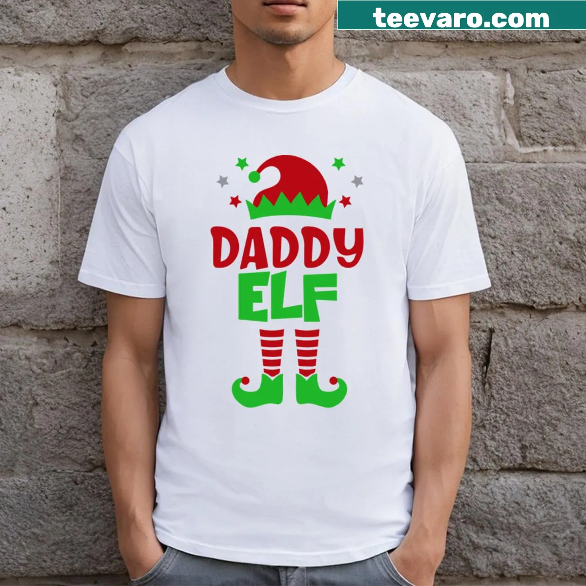 Matching Christmas family elf T-shirts for dad, mum, and baby — on a men's t-shirt