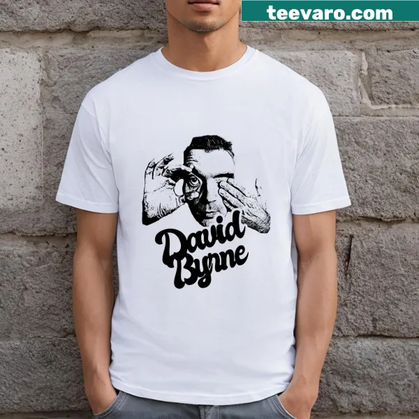Minimalist hand-eye graphic on a David Byrne-inspired T-shirt.