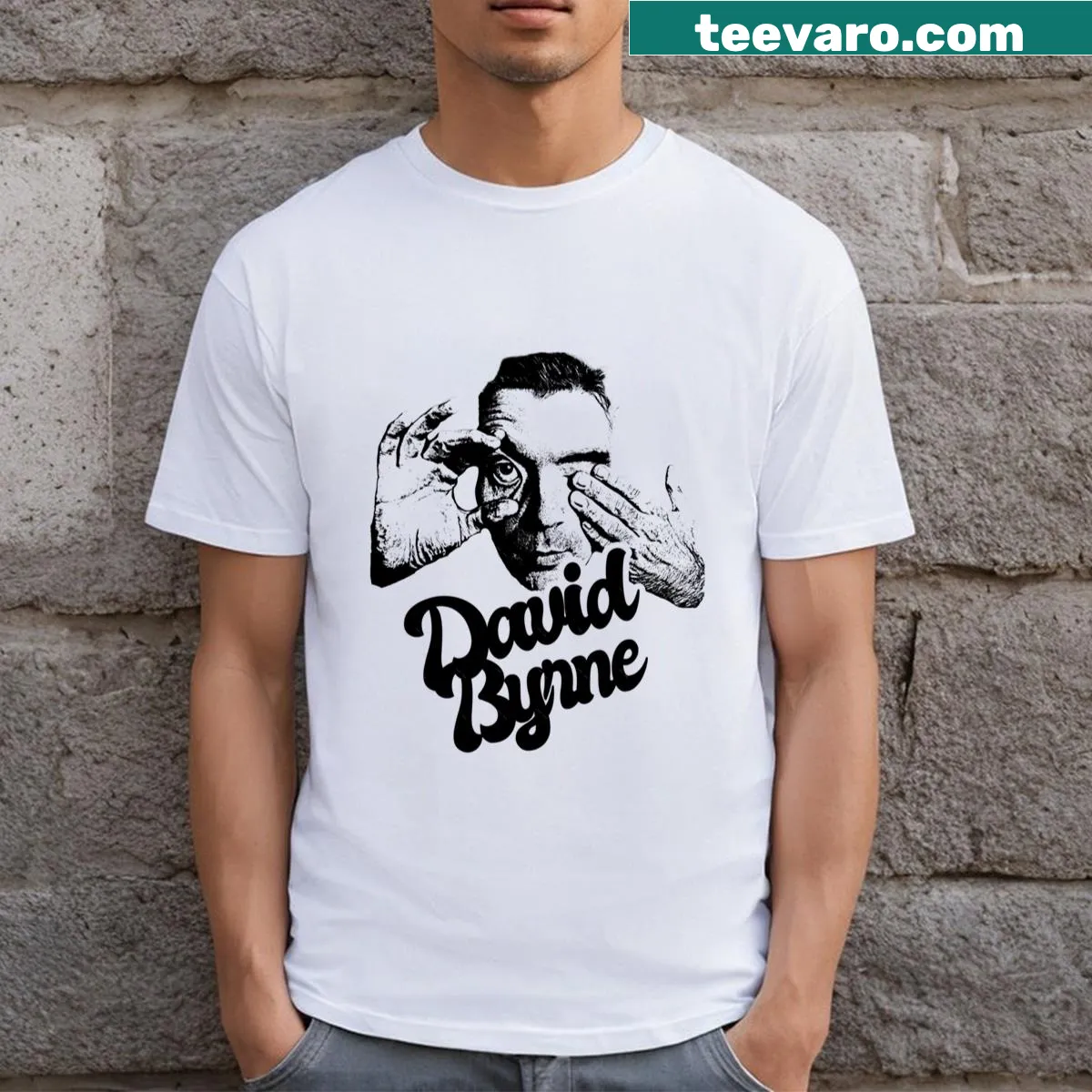 Minimalist hand-eye graphic on a David Byrne-inspired T-shirt. — on a men's t-shirt