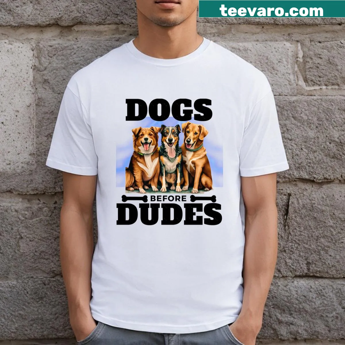 Funny T-shirt with a text about prioritizing dogs over dudes — on a men's t-shirt