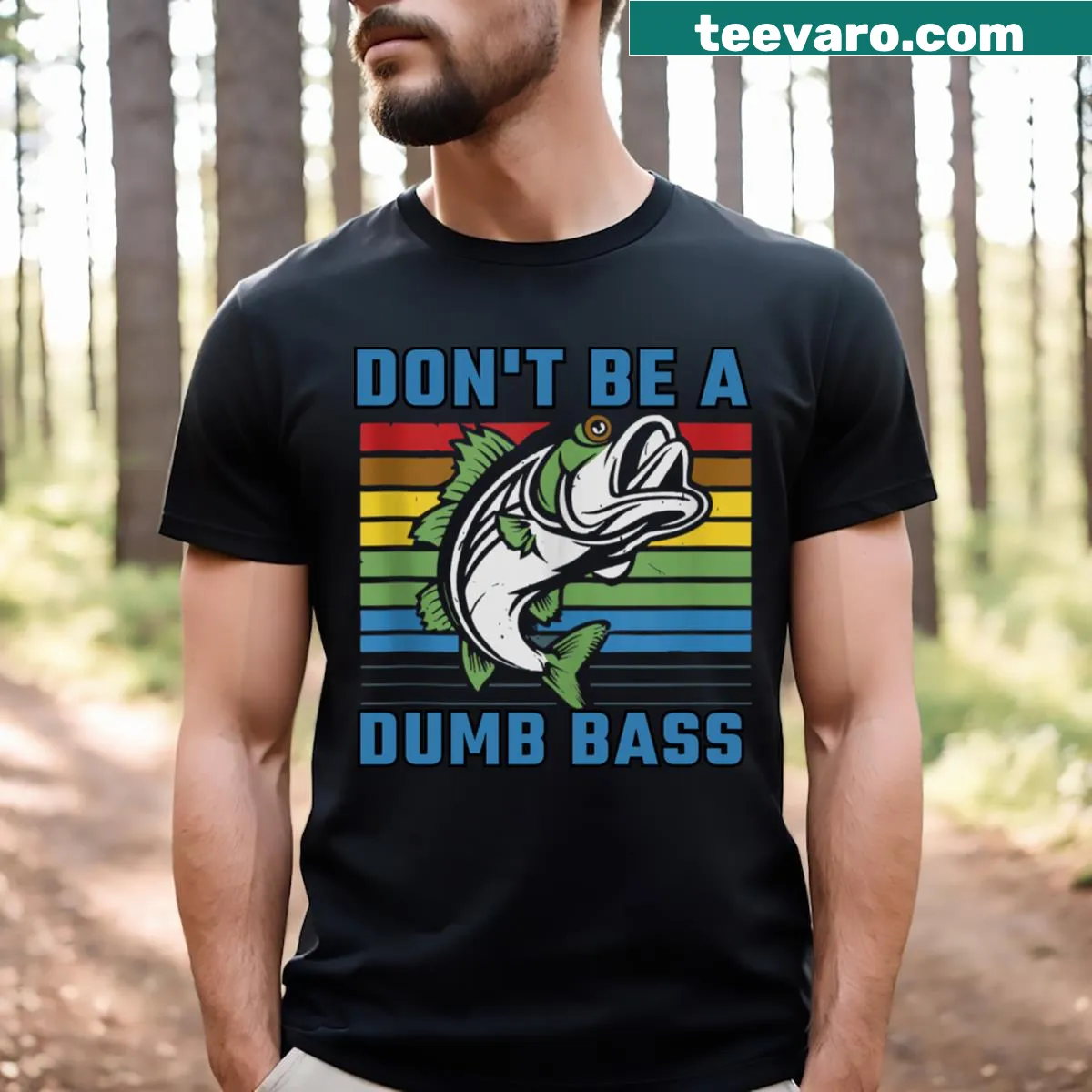 Funny T-shirt with 'Don't Be A Dumb Bass' fishing phrase — on a men's t-shirt