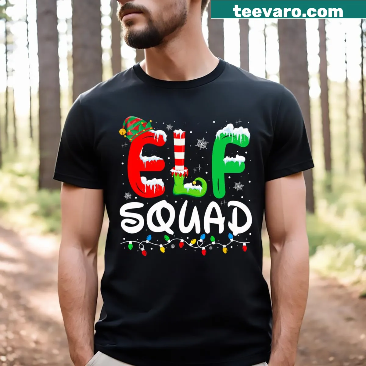Cute cartoon Elf Squad t-shirt for family Christmas celebrations — on a men's t-shirt