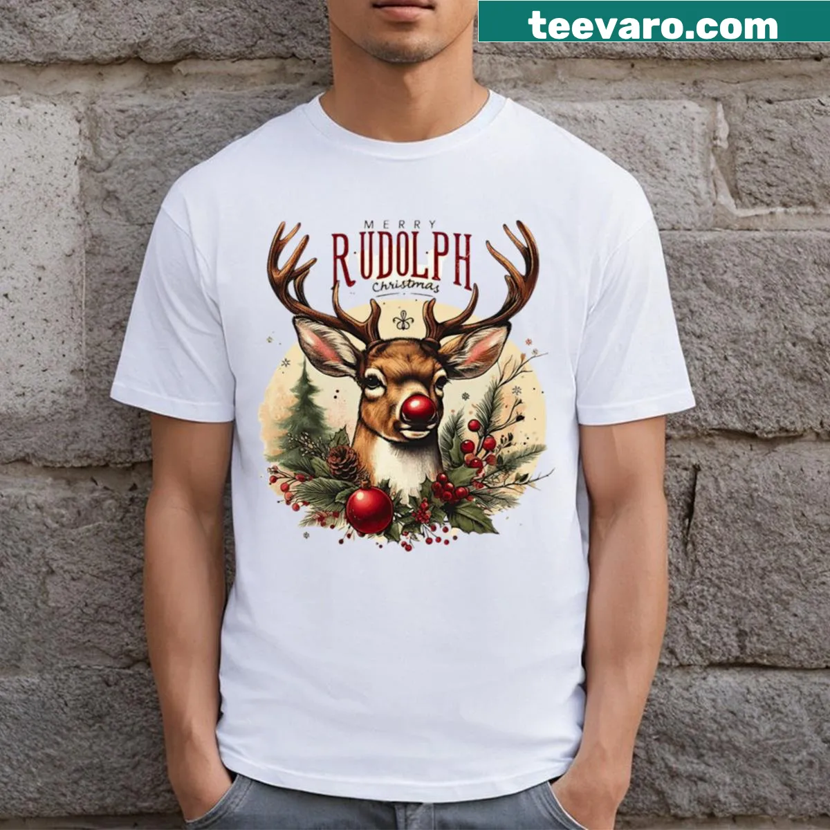 Festive holiday T-shirt featuring an adorable reindeer illustration — on a men's t-shirt