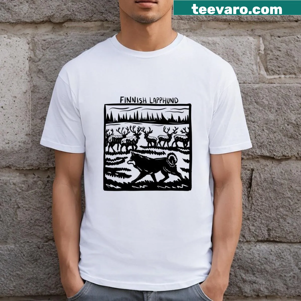 T-shirt with Finnish Lapphund stamp art — on a men's t-shirt