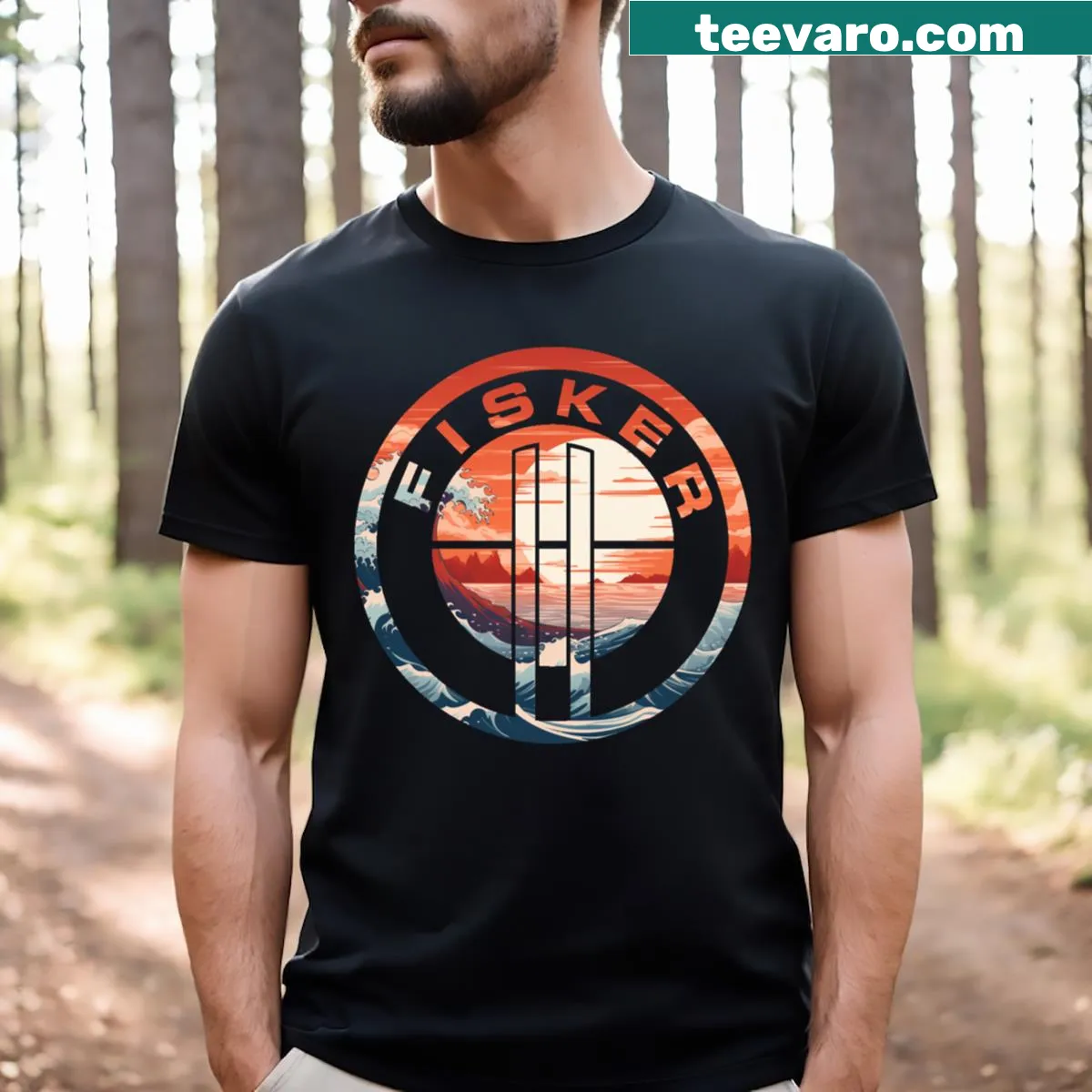 Fisker Ocean logo design with sunset waves on a t-shirt. — on a men's t-shirt
