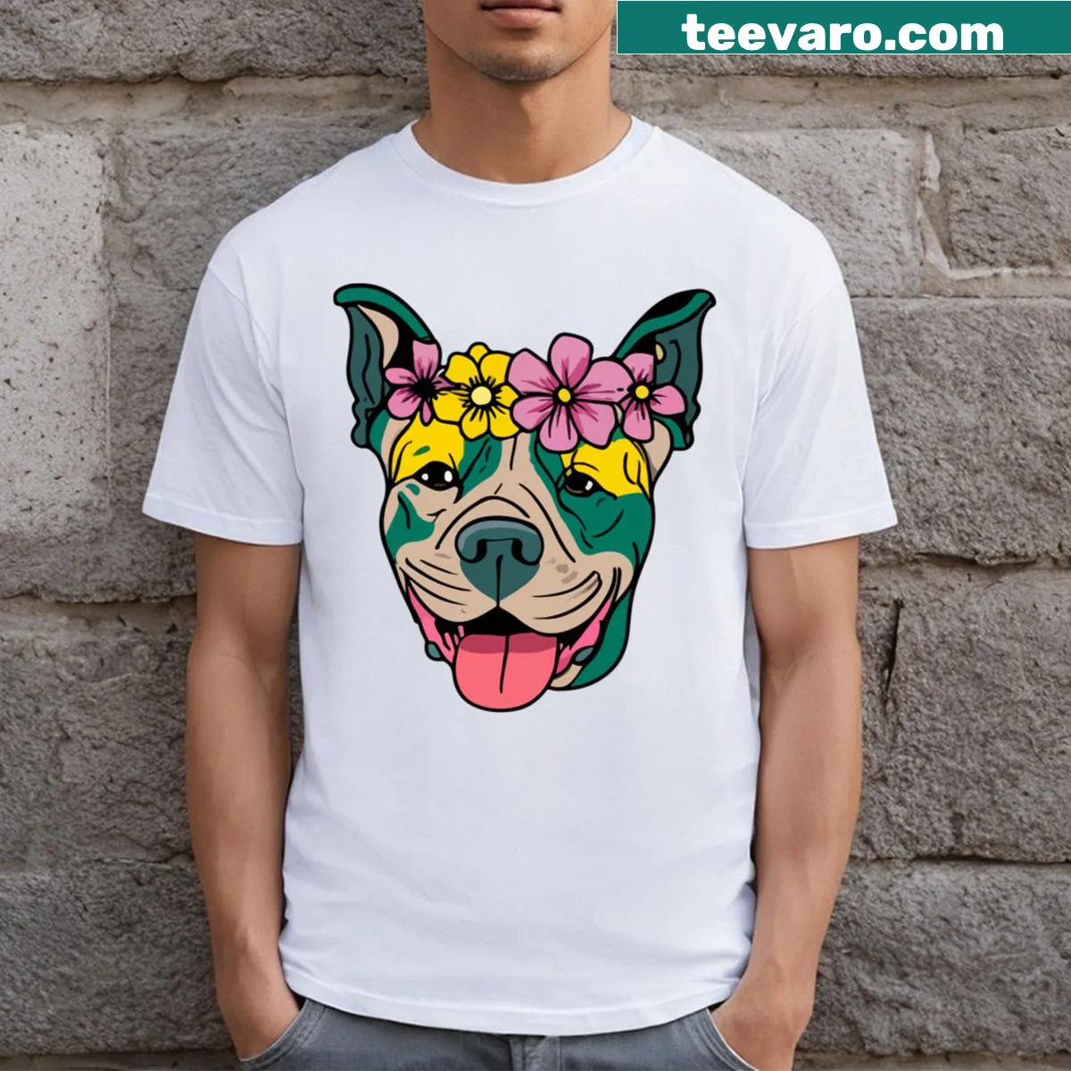 T-shirt featuring cute pitbull stickers and flowers illustration — on a men's t-shirt