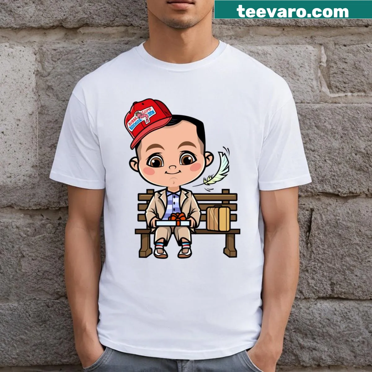 Nostalgic design inspired by Forest Gump with quotes and imagery — on a men's t-shirt