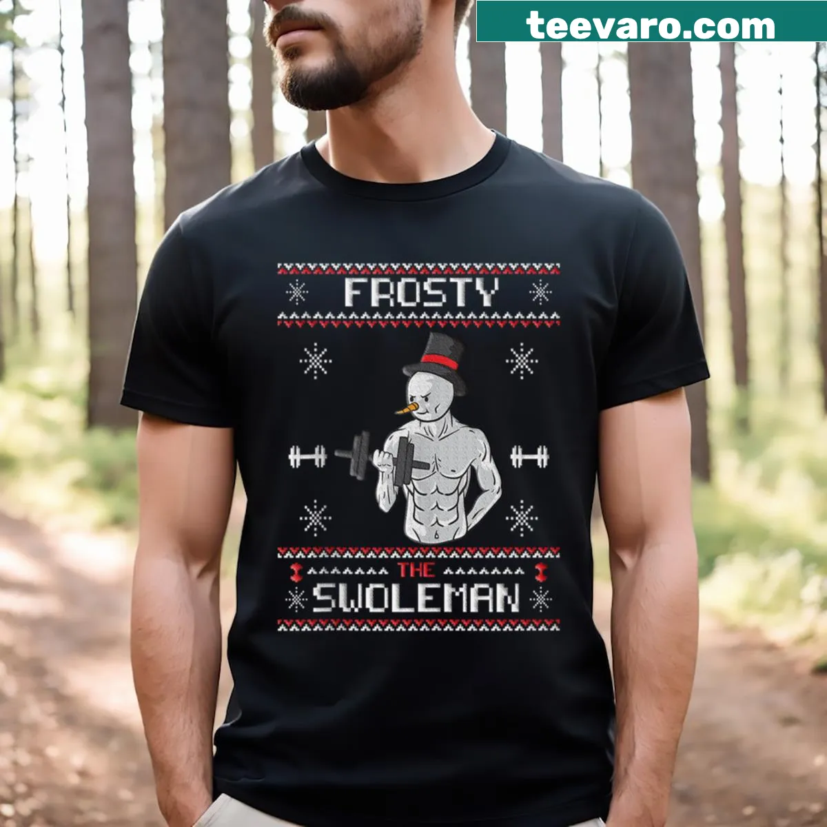 Funny snowman lifting weights in a vintage Christmas style — on a men's t-shirt
