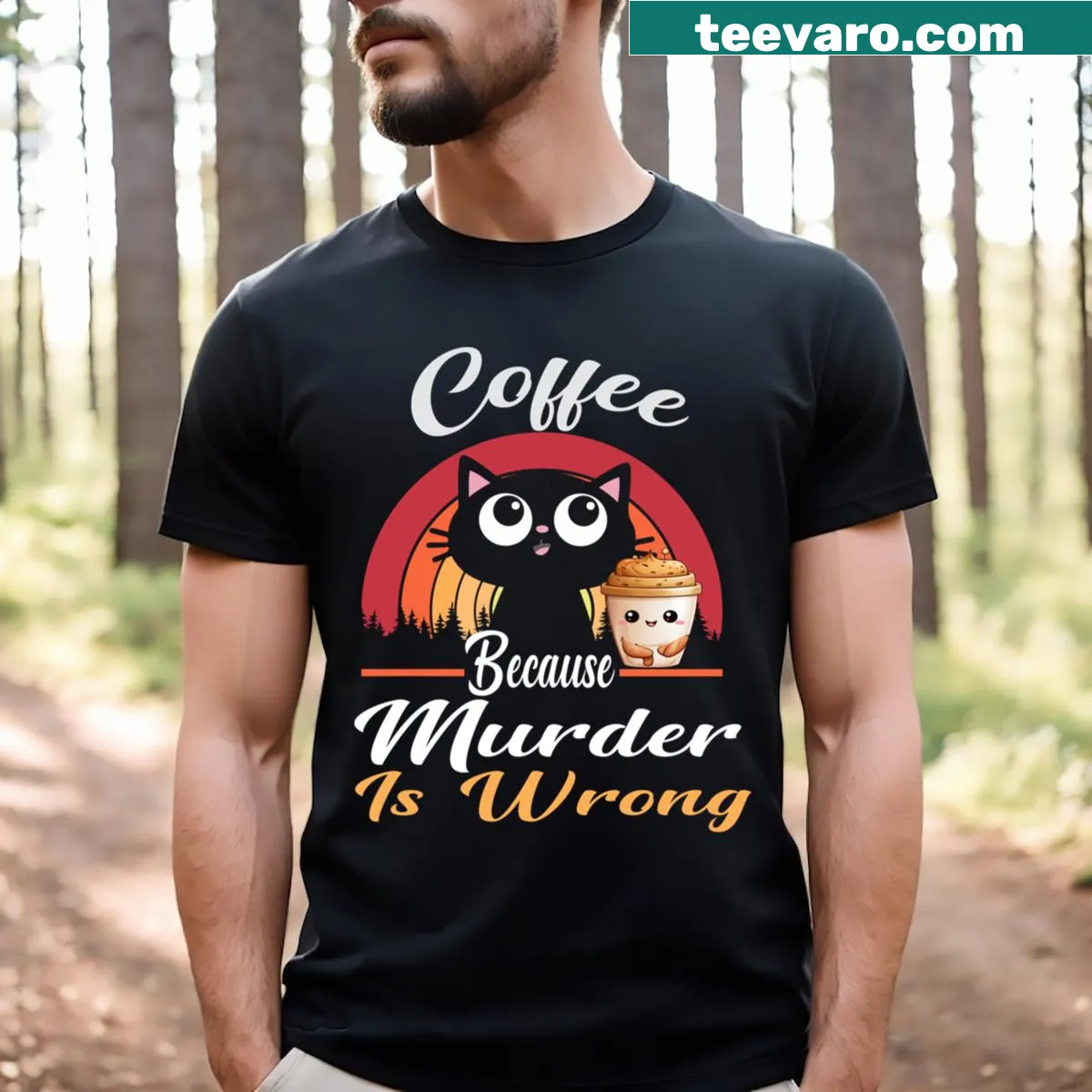 Retro T-shirt with a black cat drinking coffee and a funny saying — on a men's t-shirt