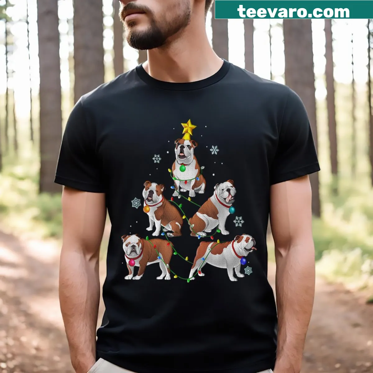 Funny T-shirt with a bulldog dressed as a Christmas ornament — on a men's t-shirt