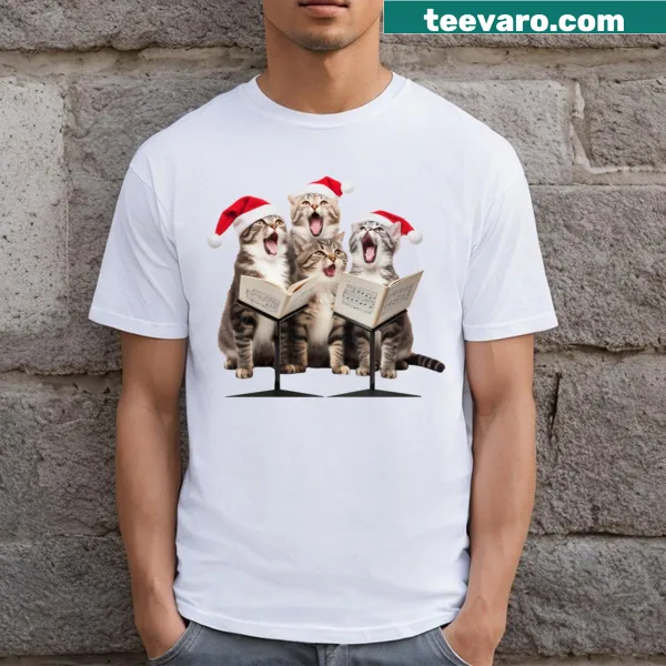 Funny Christmas t-shirt featuring caroling cats design