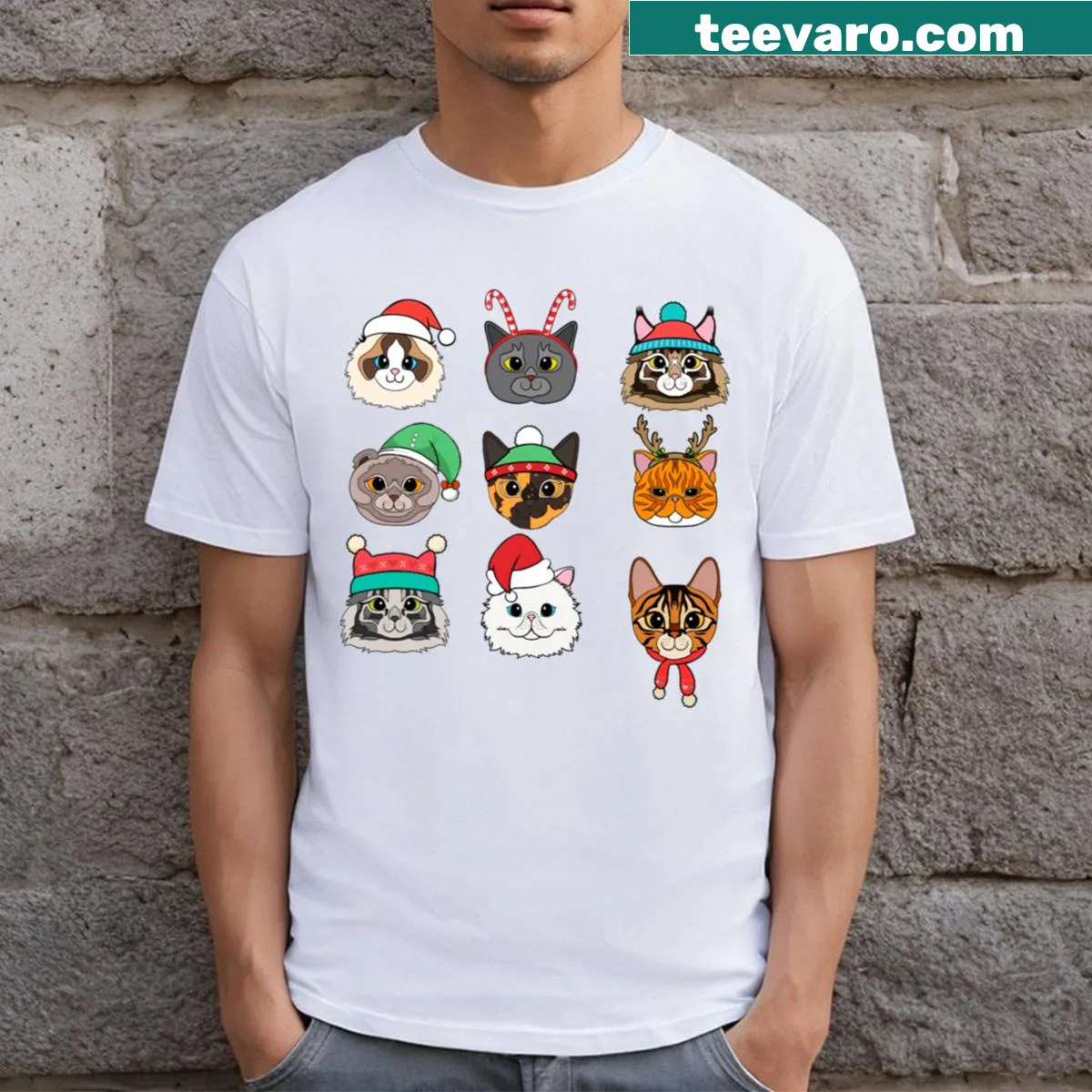 T-shirt with funny cats wearing Christmas hats, celebrating the holiday spirit. — on a men's t-shirt
