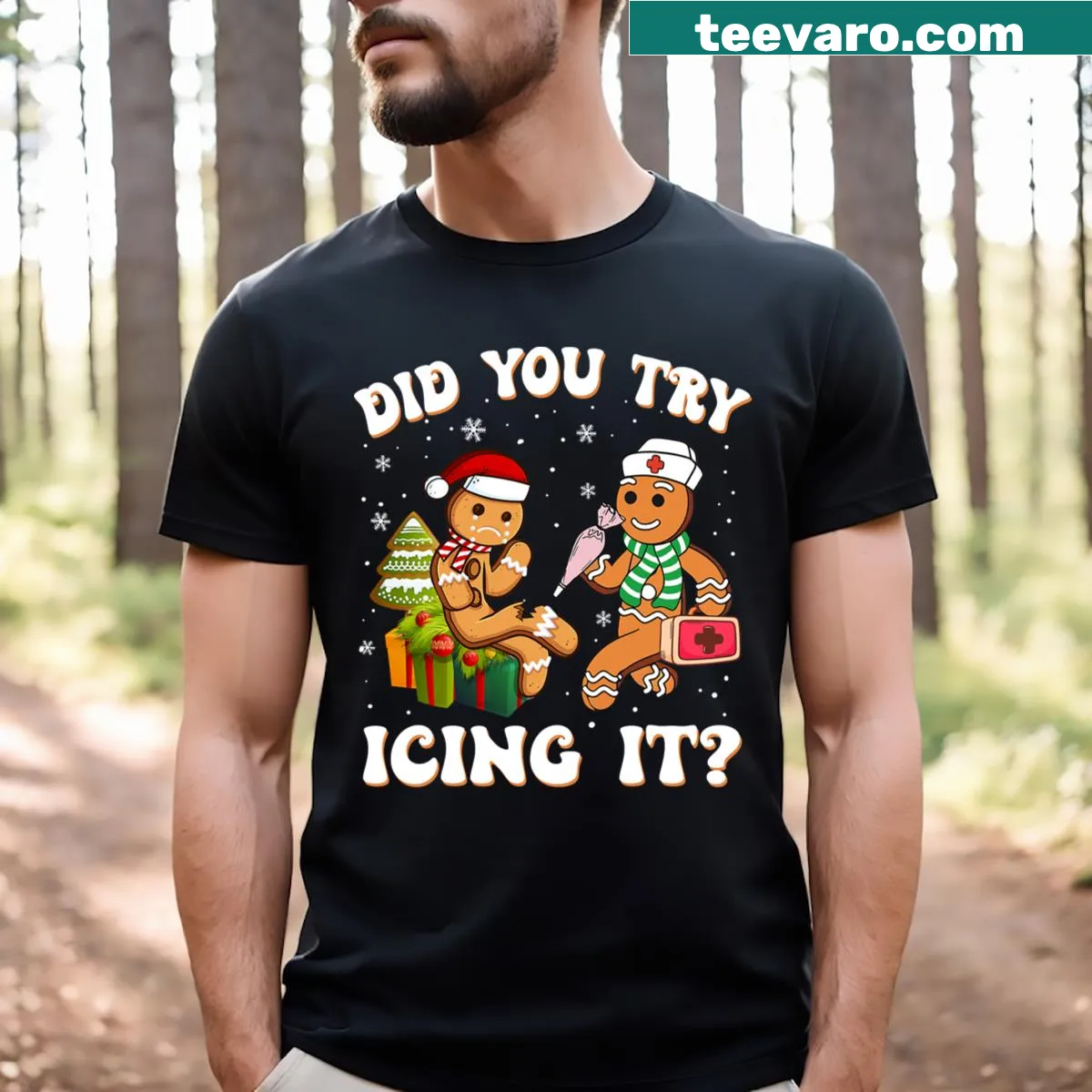 Funny gingerbread man nursing humor graphic t-shirt — on a men's t-shirt
