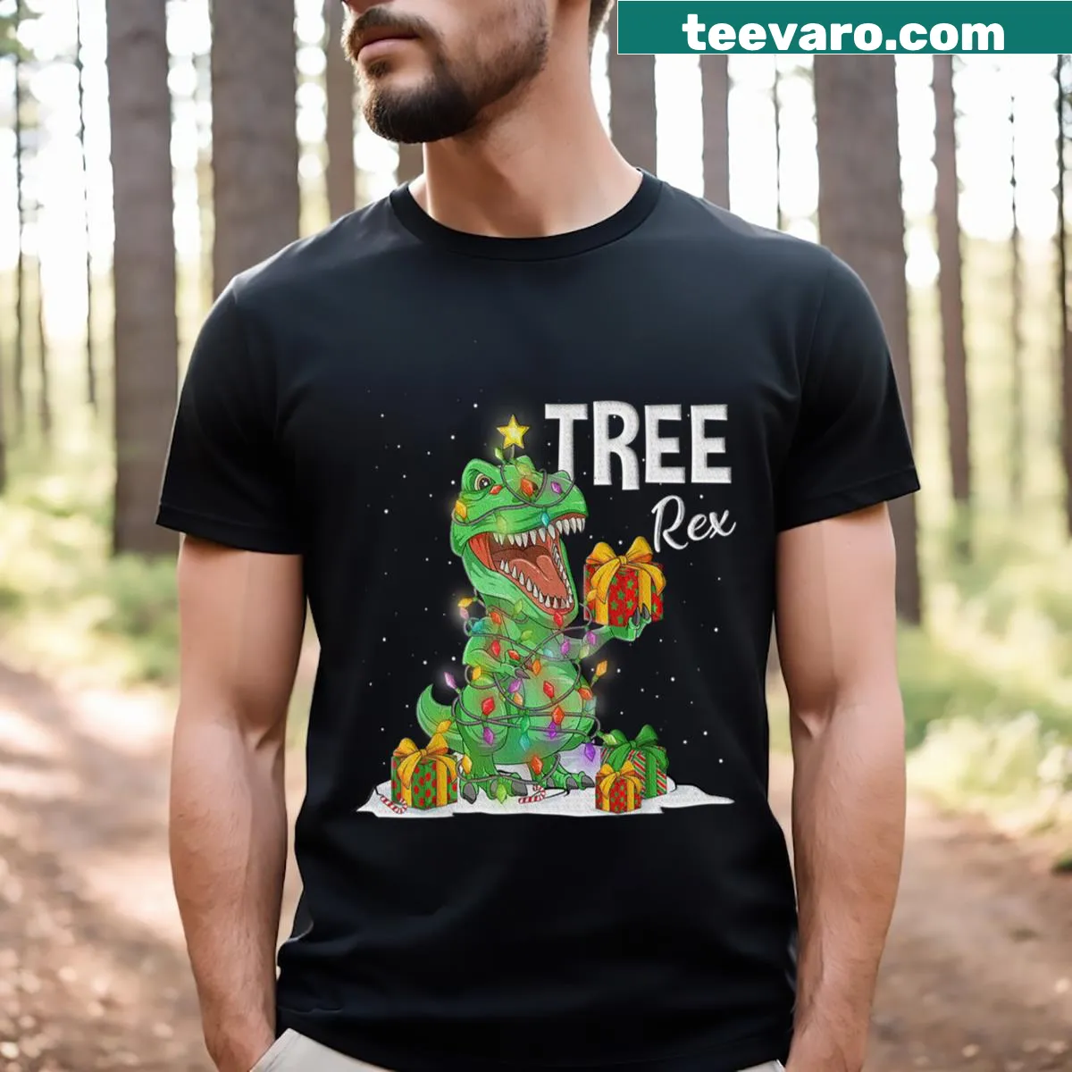 Funny dinosaur T-Rex Christmas t-shirt with a festive design — on a men's t-shirt