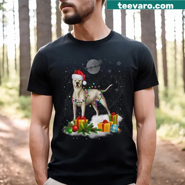 Dogo Argentino in Santa hat with Christmas lights t-shirt
