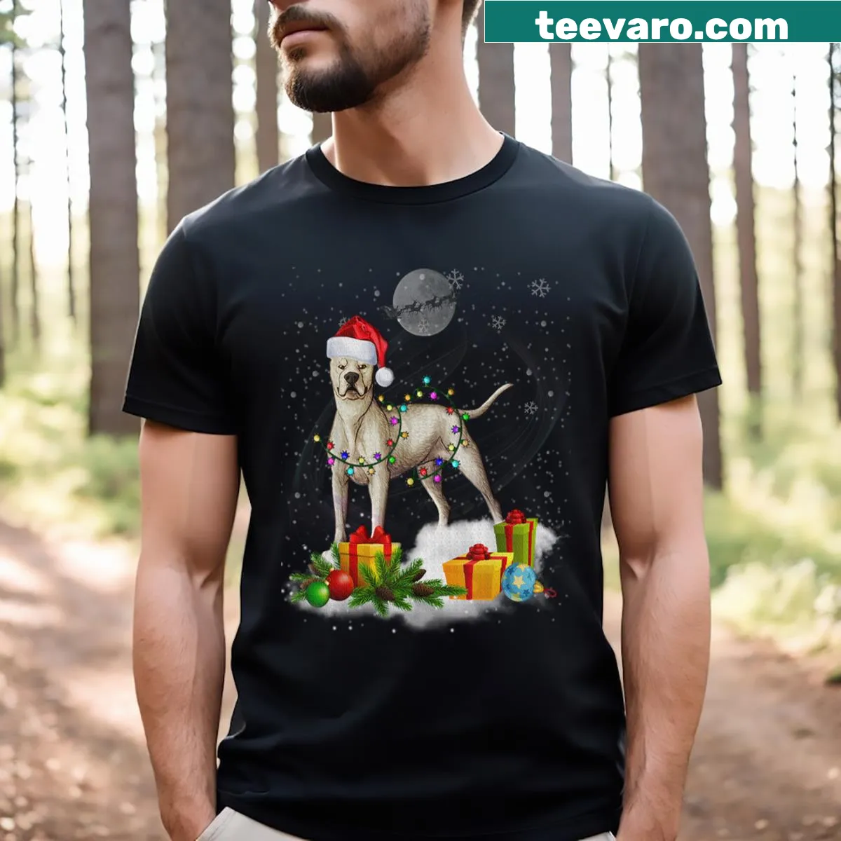 Dogo Argentino in Santa hat with Christmas lights t-shirt — on a men's t-shirt
