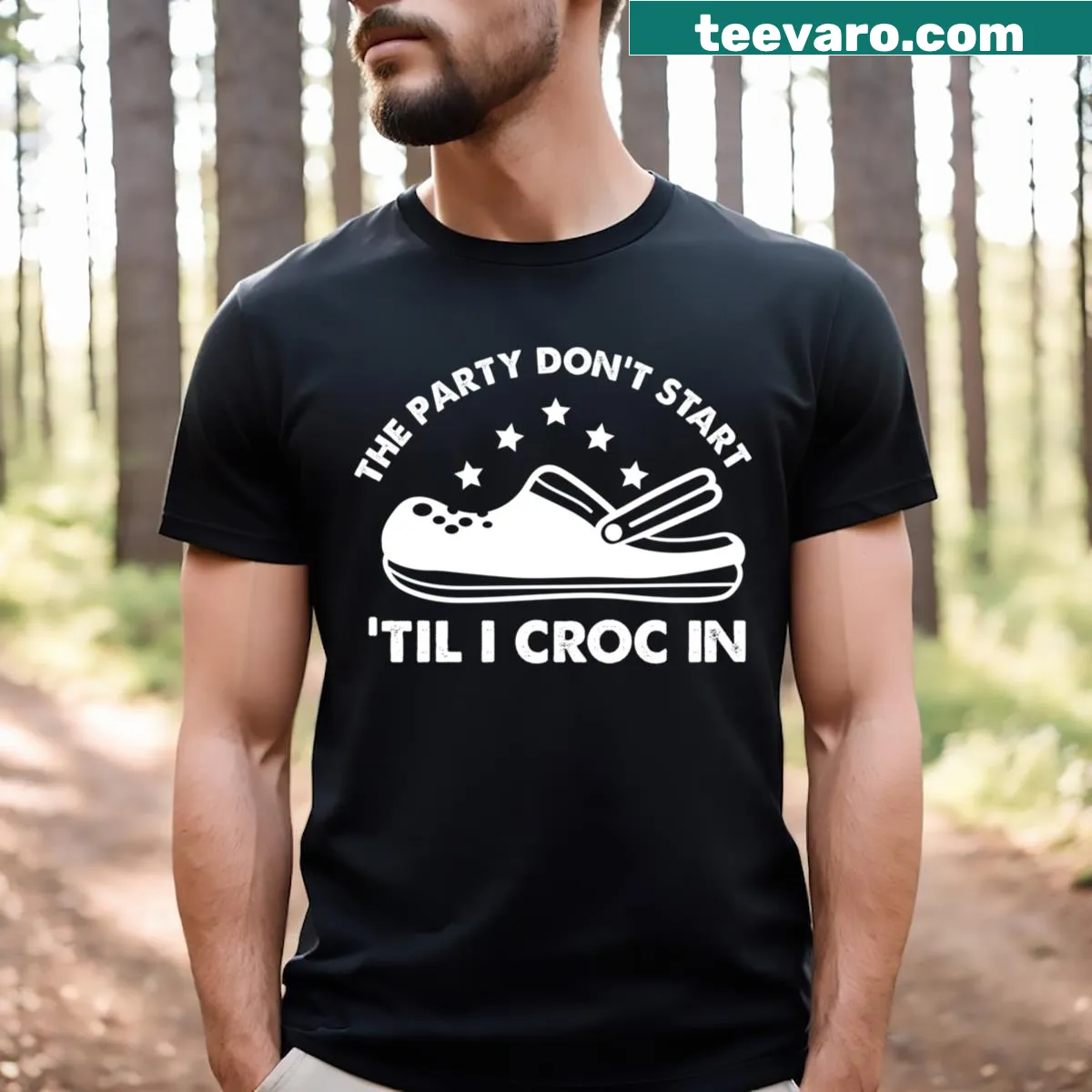 T-shirt featuring a humorous party-themed phrase about Crocs. — on a men's t-shirt
