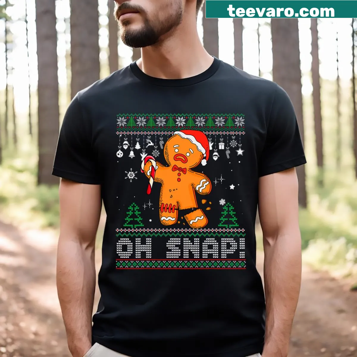 Funny Christmas shirt with cartoon gingerbread man and text — on a men's t-shirt