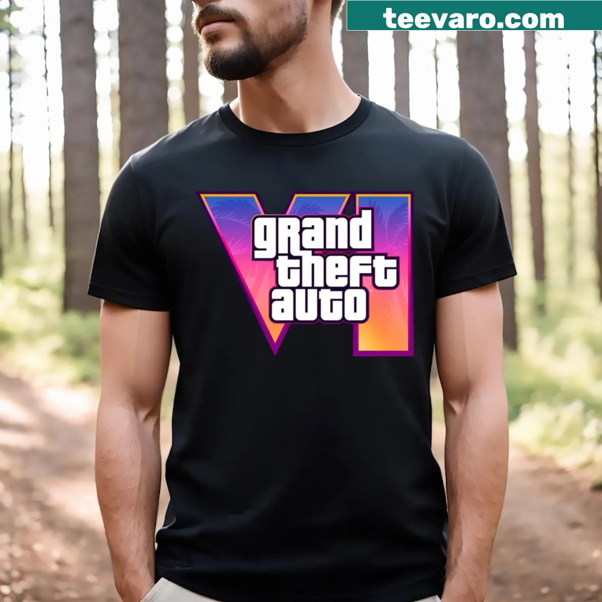 Minimalist badge-emblem design T-shirt celebrating Grand Theft Auto Vi — on a men's t-shirt