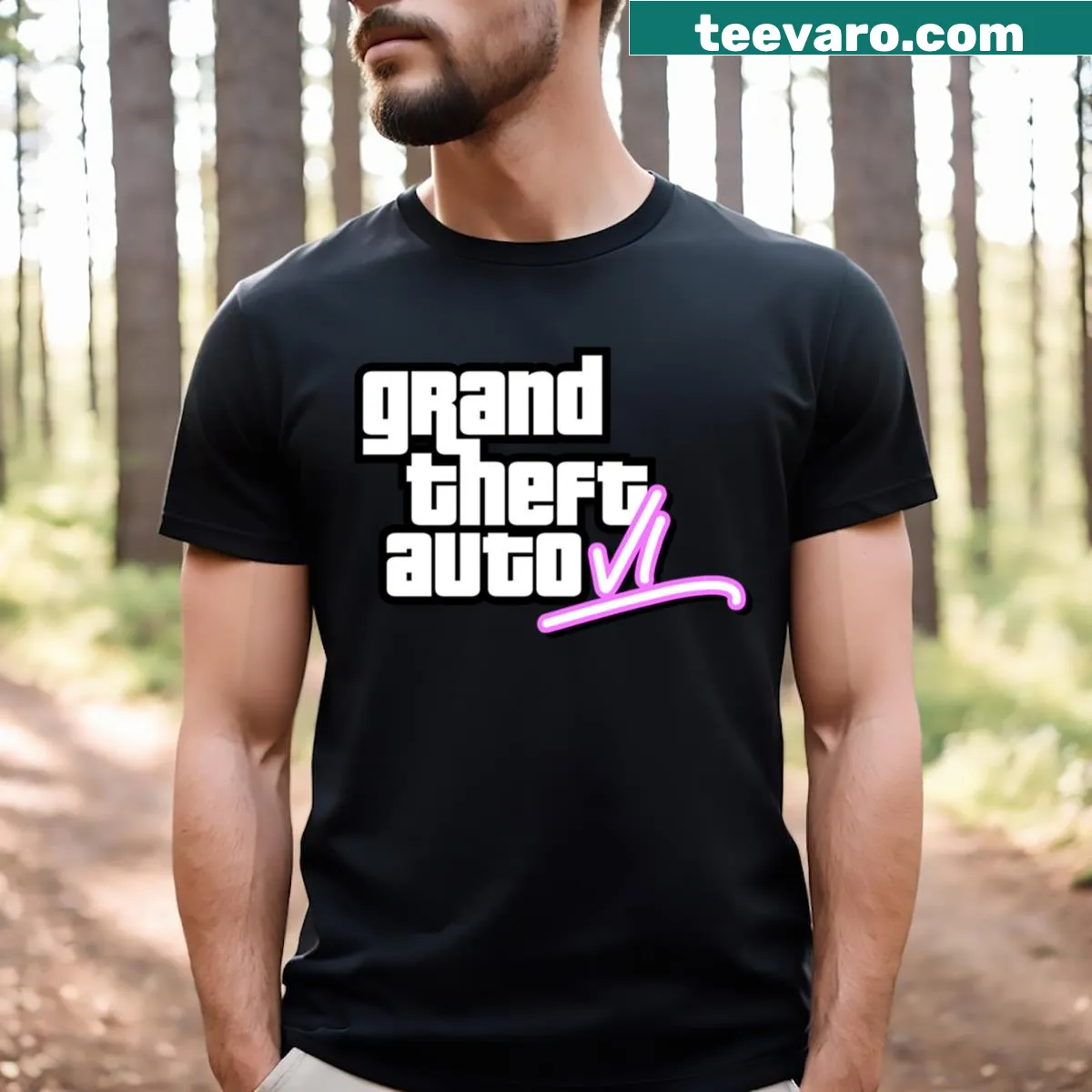 Grand Theft Auto Vice gaming themed shirt with bold graphics — on a men's t-shirt