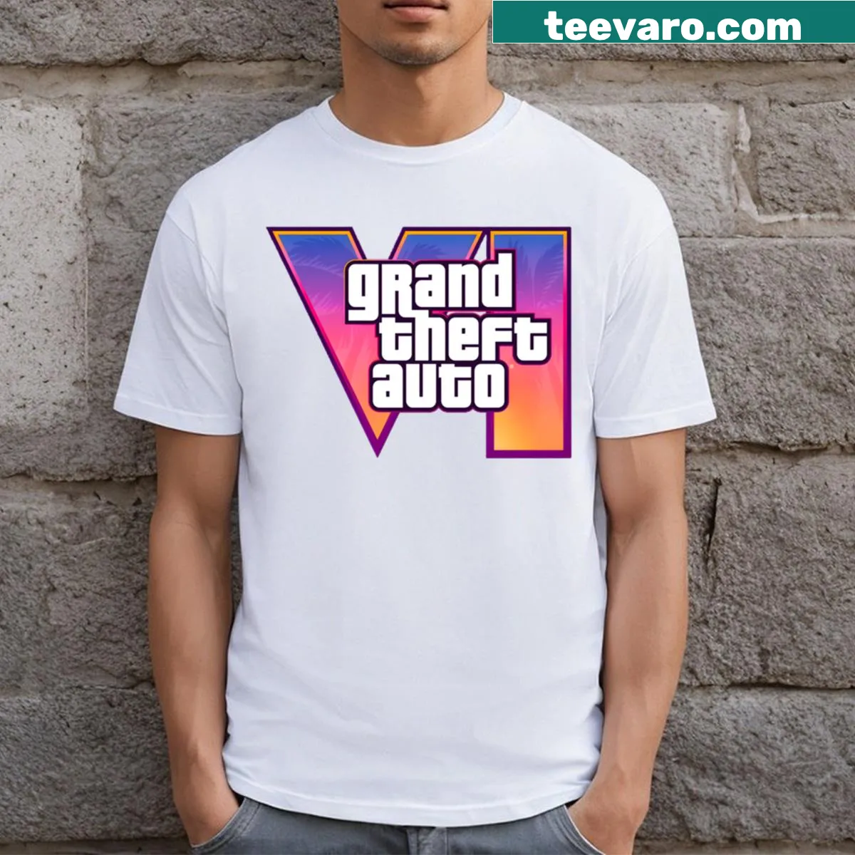 GTA 6 Vice City logo t-shirt featuring the official design — on a men's t-shirt