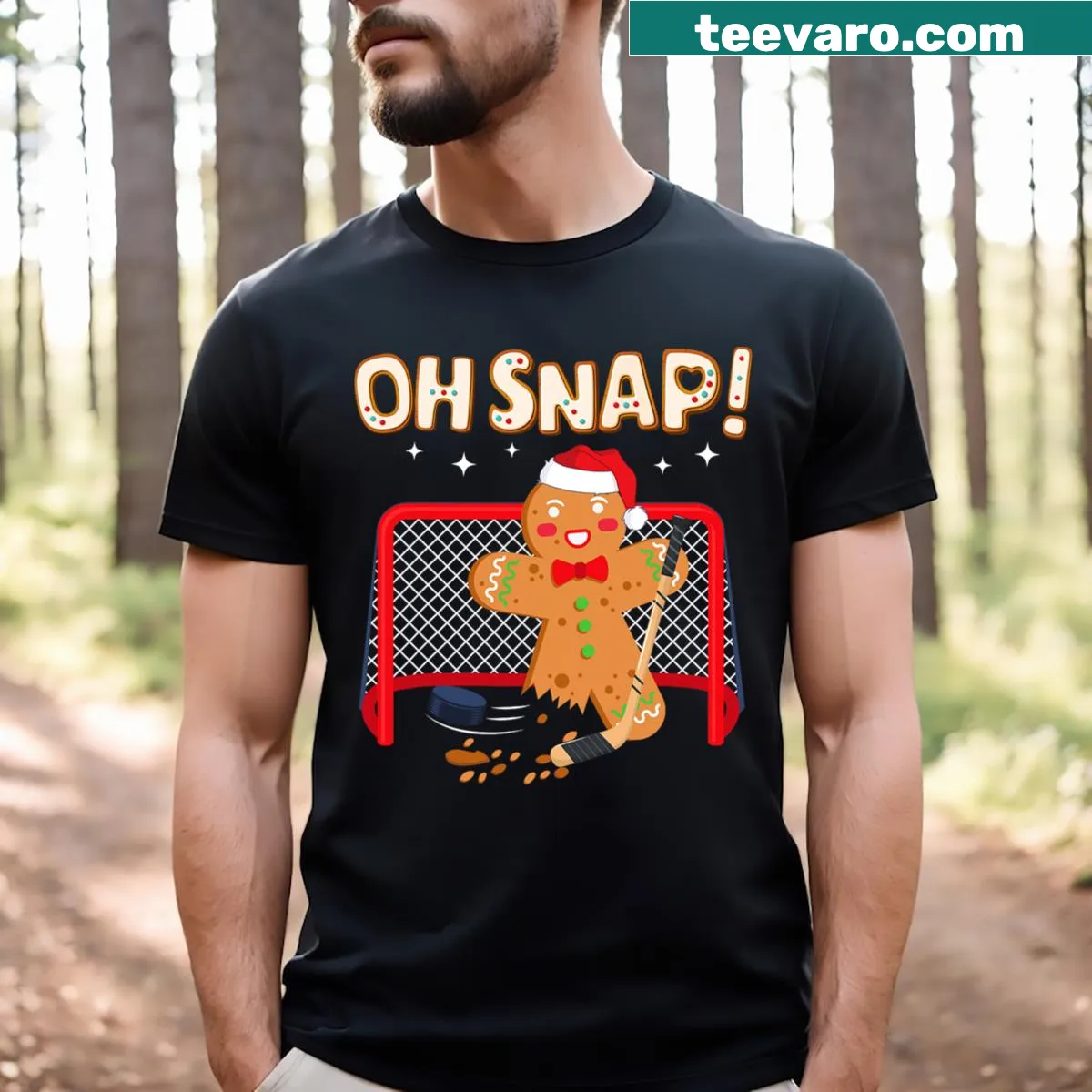 Funny Christmas t-shirt featuring a gingerbread man in a goalie mask — on a men's t-shirt