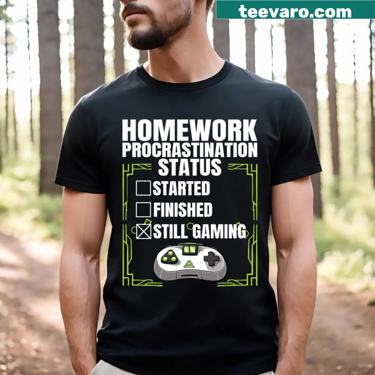 Funny gaming t-shirt with Homework Procrastination Status text — on a men's t-shirt