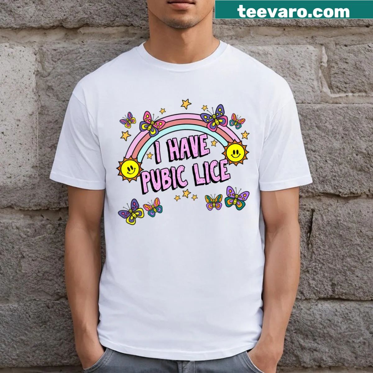 Offensive humorous t-shirt with retro text about pubic lice — on a men's t-shirt