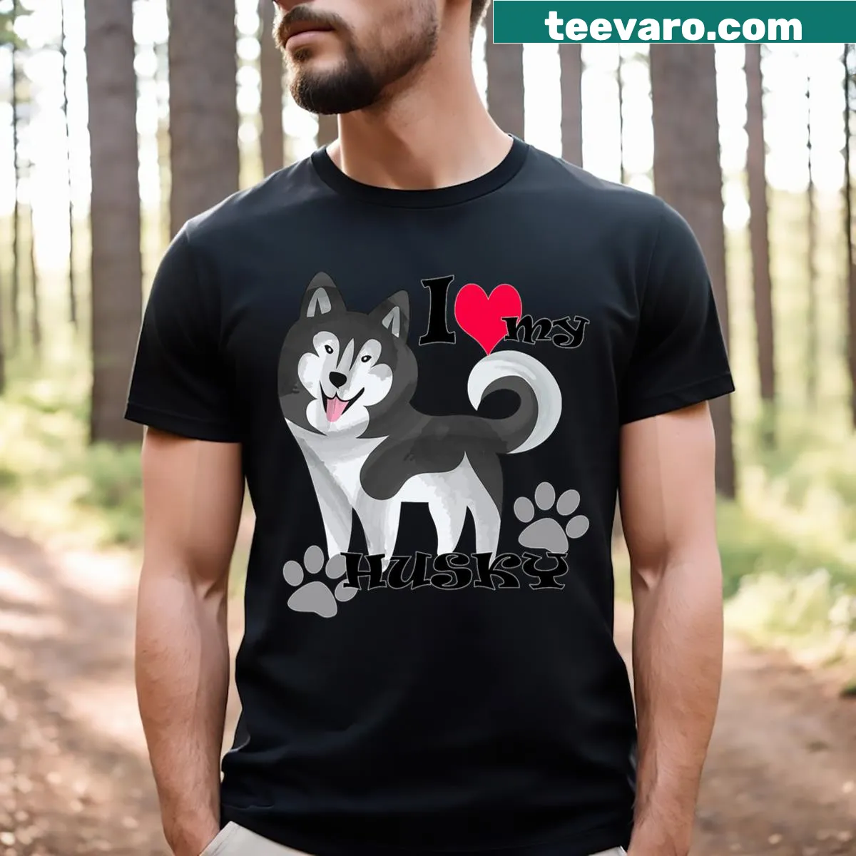 Illustrated t-shirt with 'I Love My Husky' phrase — on a men's t-shirt