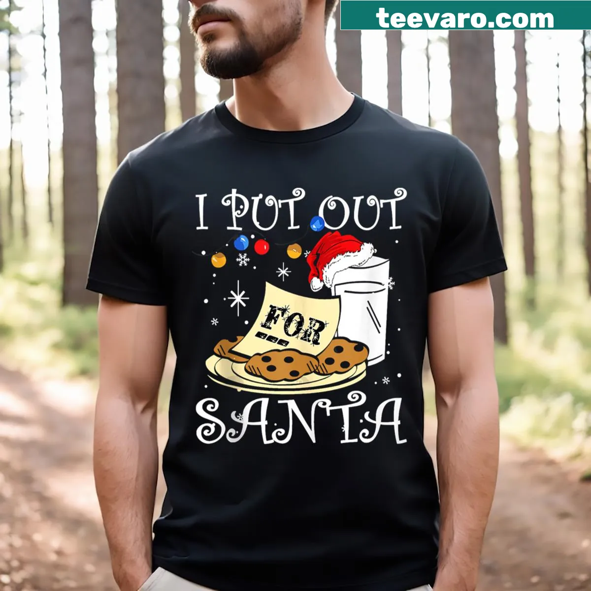 Funny Christmas t-shirt with 'I Put Out For Santa Milk And Cookies' text — on a men's t-shirt