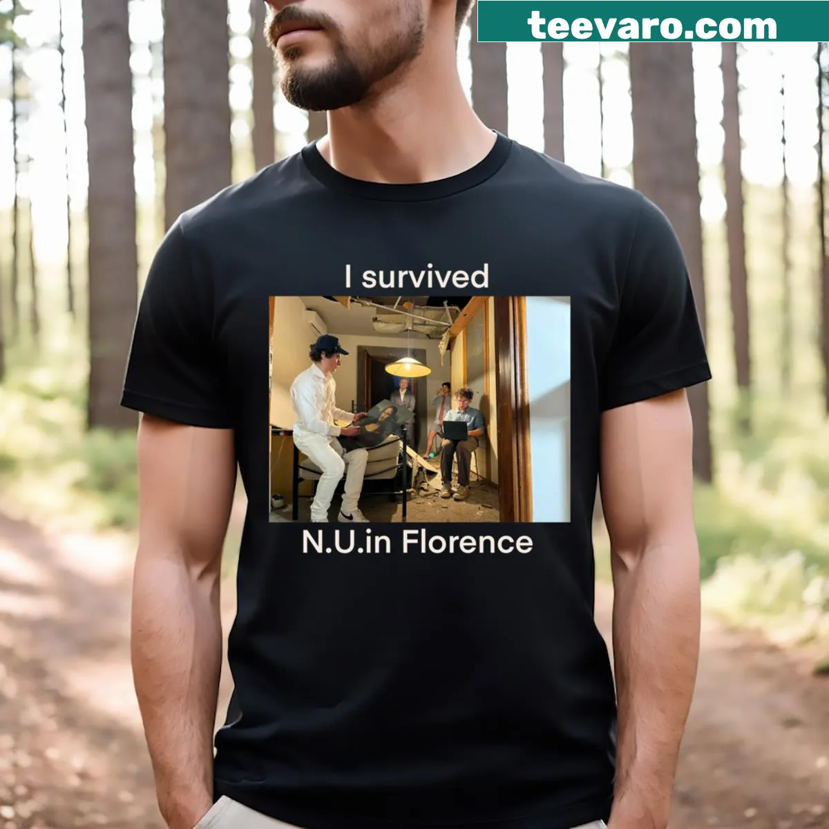 Graphic t-shirt with 'I Survived Nuin Florence' phrase — on a men's t-shirt