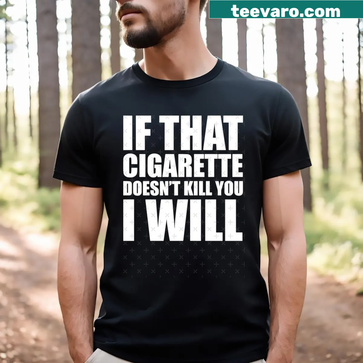 Bold graphic T-shirt with the phrase about cigarettes and humor. — on a men's t-shirt