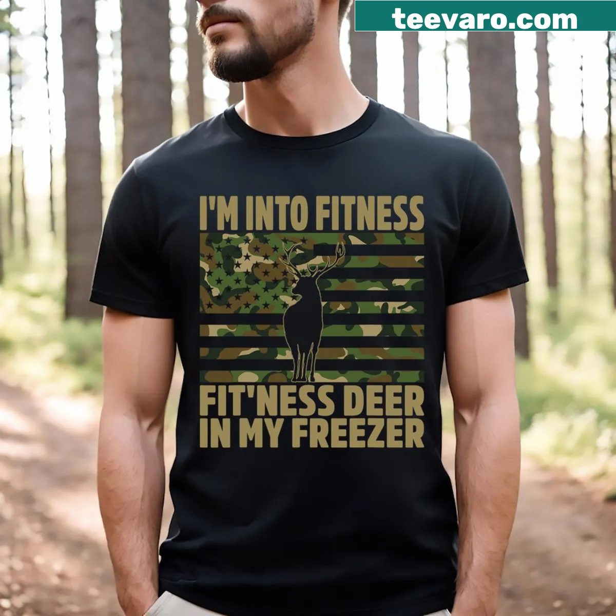 Funny T-shirt featuring a deer and a humorous fitness phrase for hunters. — on a men's t-shirt
