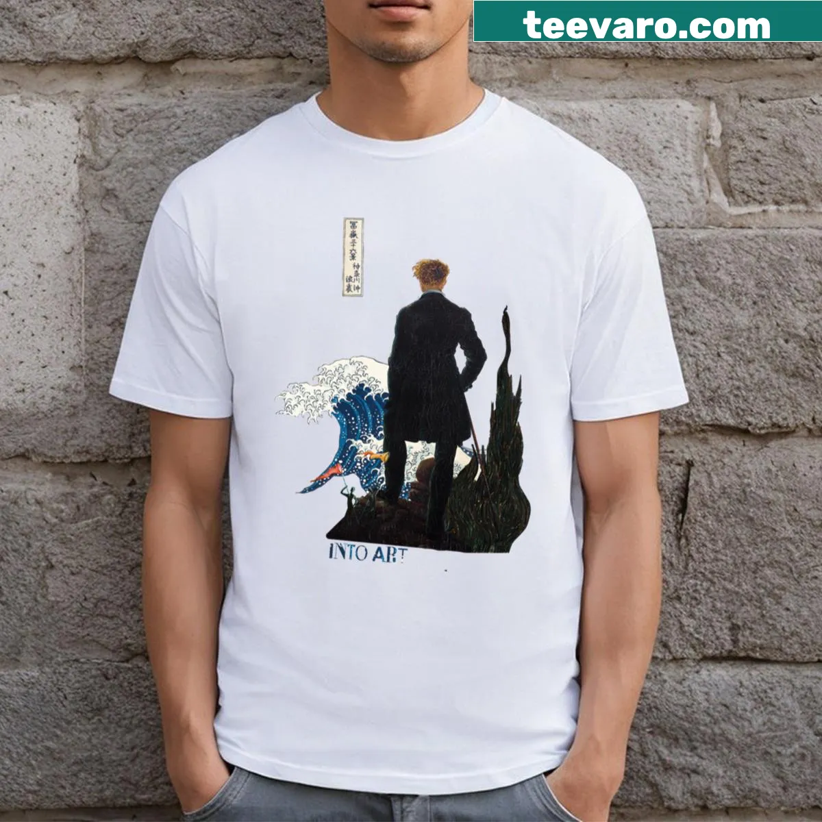 Art-inspired design featuring a wanderer and sea waves — on a men's t-shirt