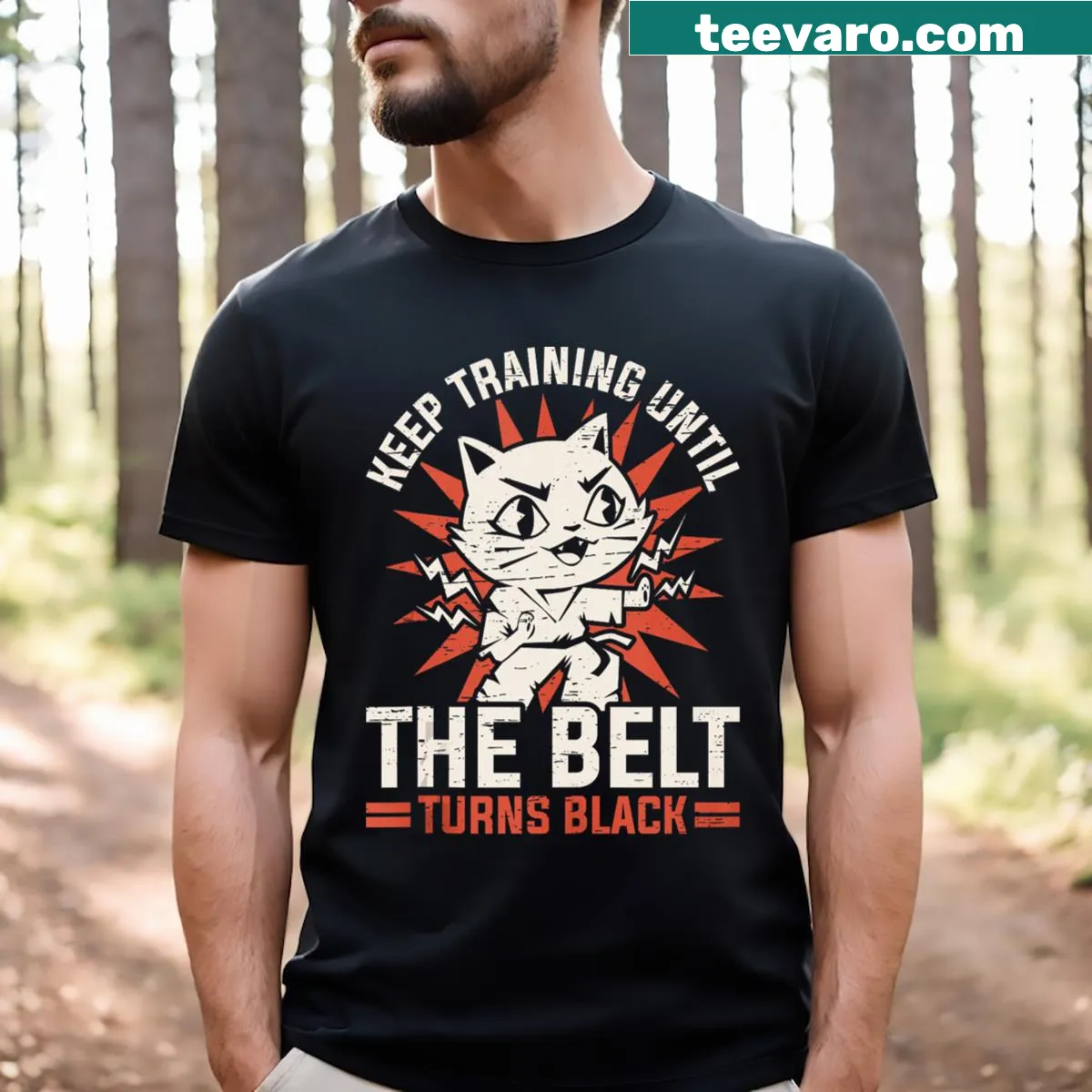 Black belt and cat graphic on karate-themed T-shirt — on a men's t-shirt