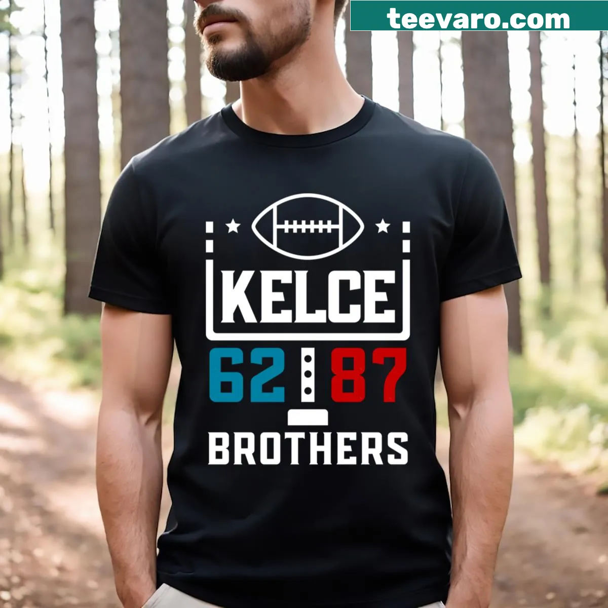 Cartoon football helmets with numbers 62 and 87 for Kelce brothers — on a men's t-shirt