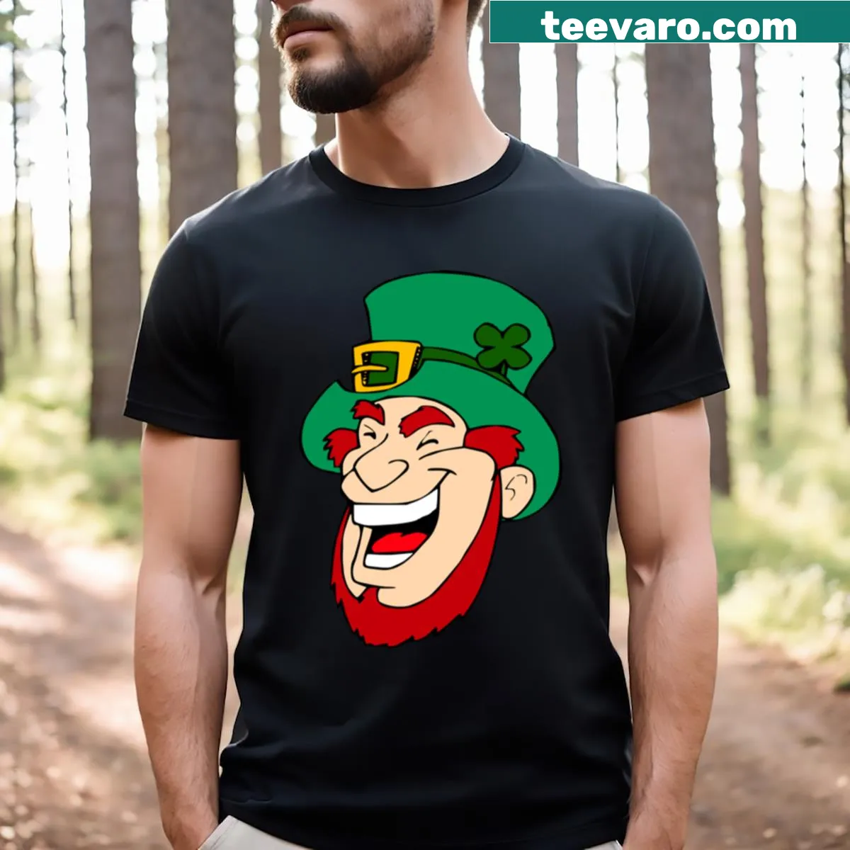Illustration of a laughing leprechaun on a humorous T-shirt — on a men's t-shirt