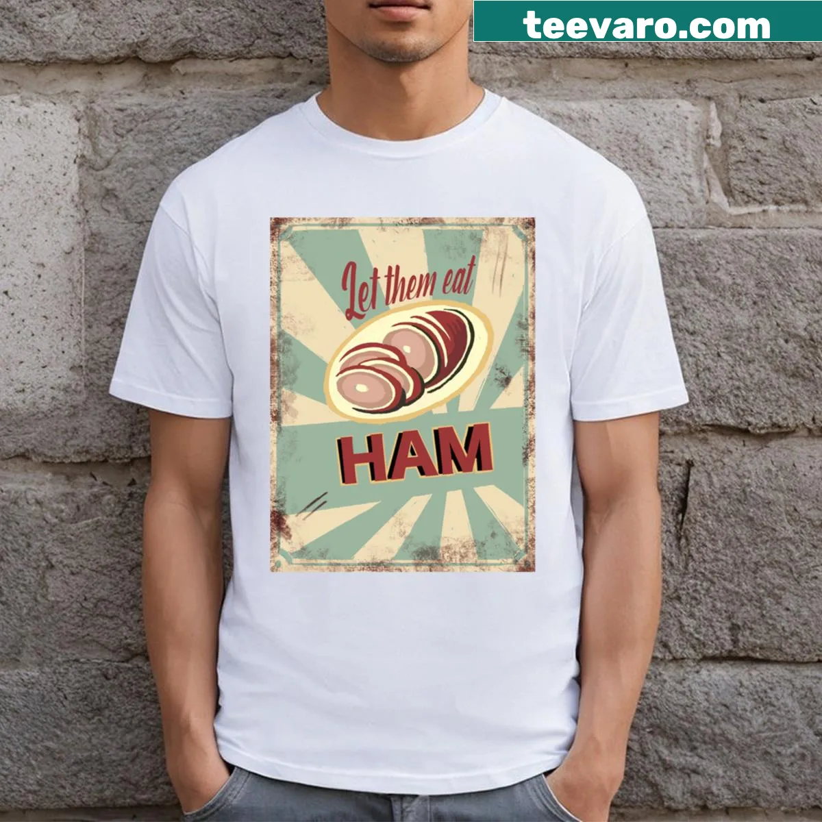 Playful ham-themed graphic T-shirt celebrating food — on a men's t-shirt