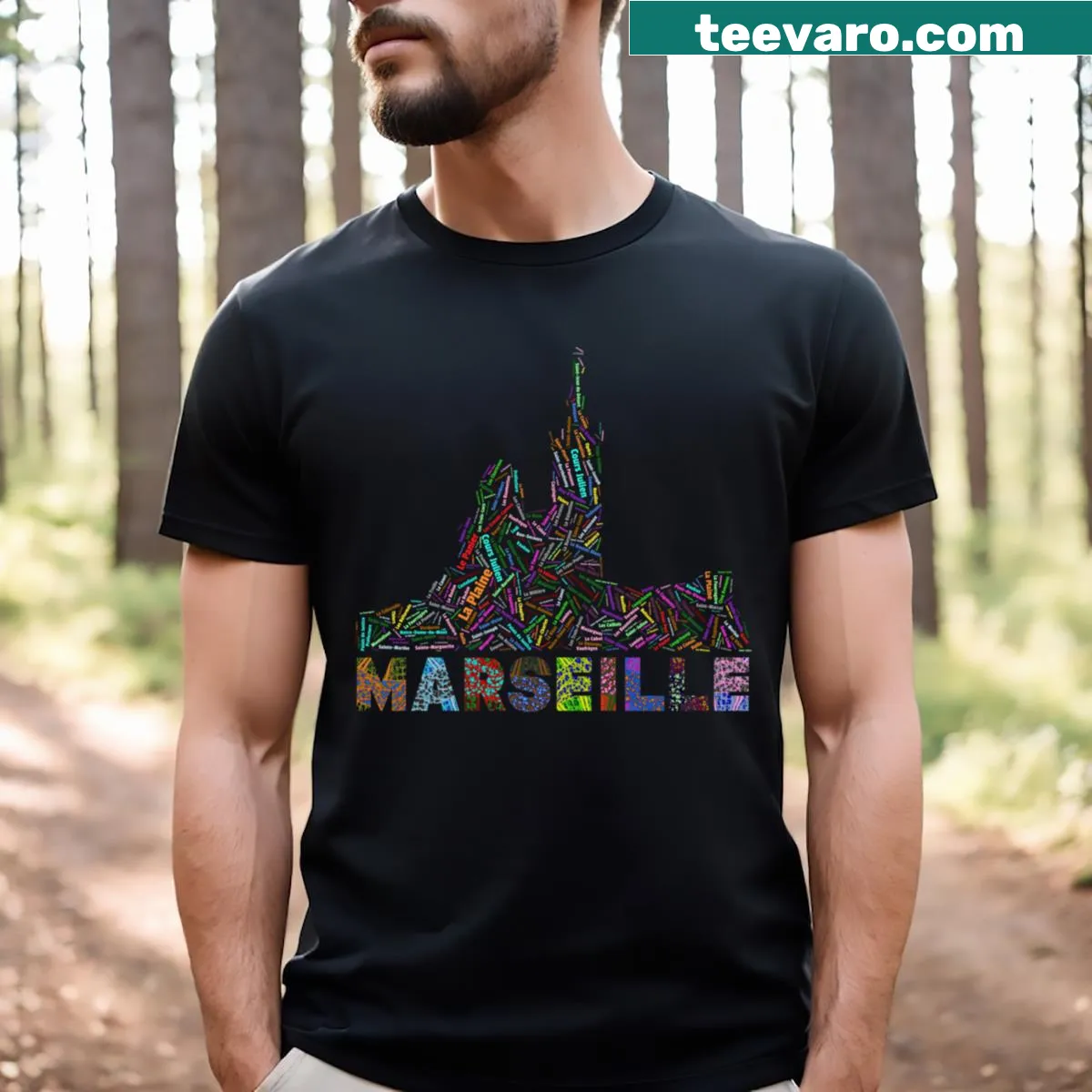 T-shirt featuring illustration of Notre Dame De La Garde in Marseille — on a men's t-shirt