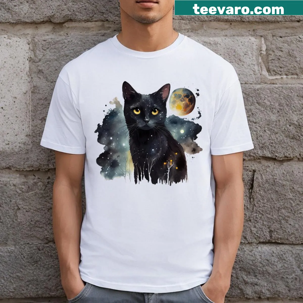 Black kitten and sticker graphic on a vintage-style T-shirt — on a men's t-shirt