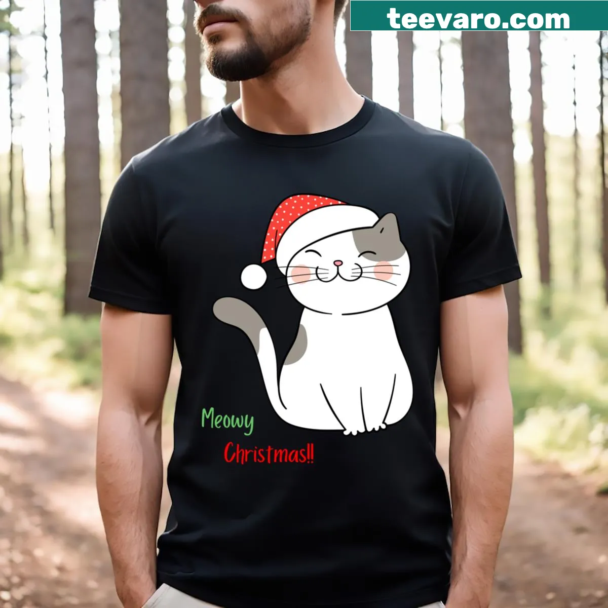 Festive t-shirt with 'Meowy Christmas' graphic for cat lovers — on a men's t-shirt