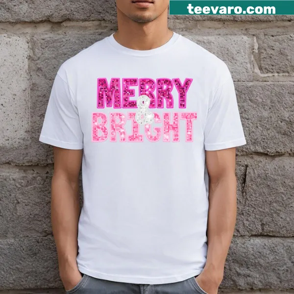 Faux sequin holiday T-shirt with 'Merry Bright' message