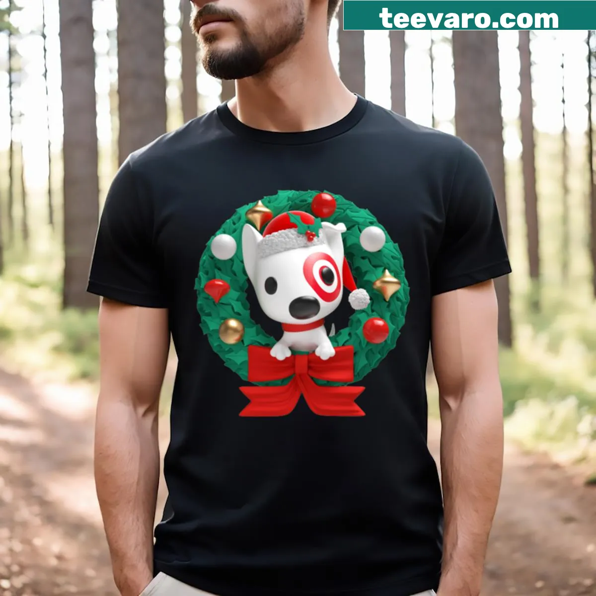 Funny 'Merry Christmas Dog Bullseye Team Member' t-shirt — on a men's t-shirt