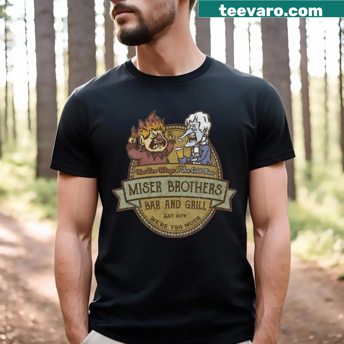 T-shirt featuring humorous Miser Brothers graphic — on a men's t-shirt