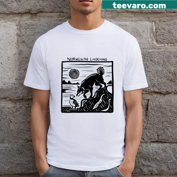 Illustration of a Norwegian Lundehund in a stamp design on t-shirt