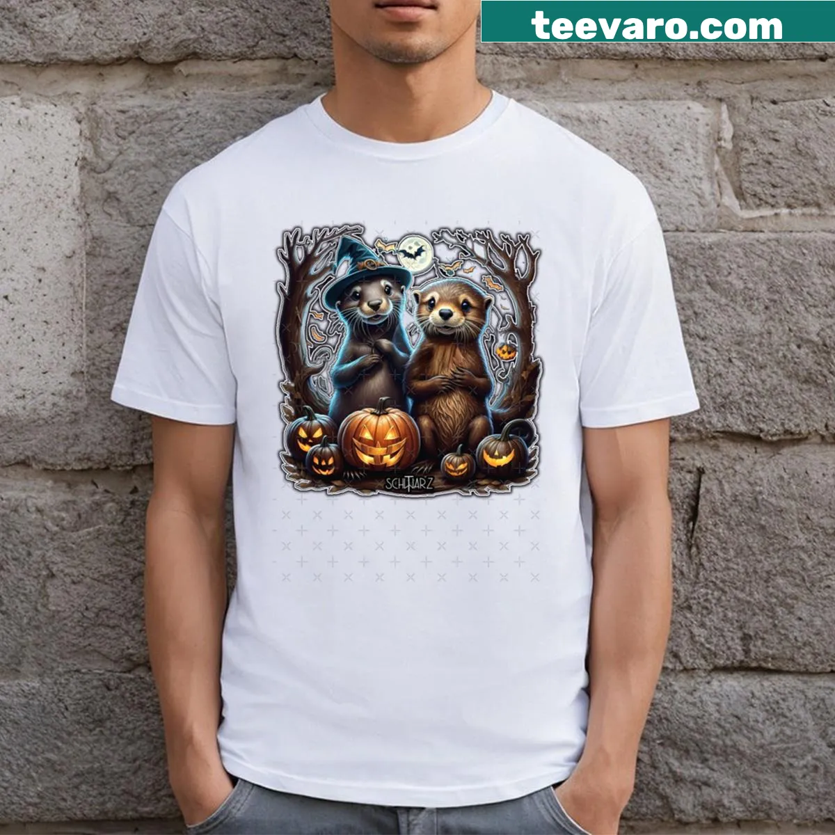 Illustration of two otters on a playful T-shirt design — on a men's t-shirt